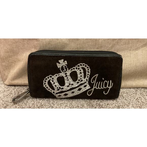 Juicy Couture Handbags - Vintage Y2K Juicy Couture Black Velvet Crown Rhinestone Pouch Zipper Wallet